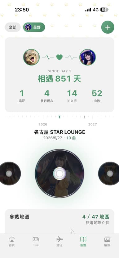 追追推推 App 的圖鑑首屏：相遇天數、參戰場次、拍立得張數與曲數統計